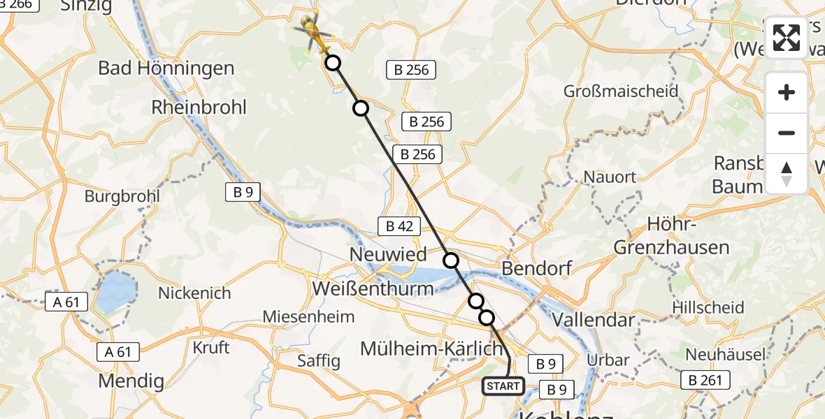 Flugroute Rettungshubschrauber Koblenz - Niederbreitbach, 09 Juni 2026, 06:40