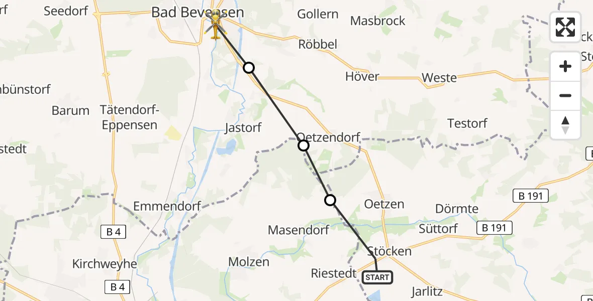 Flugroute Rettungshubschrauber Oetzen - Bad Bevensen, 09 Juni 2026, 06:45