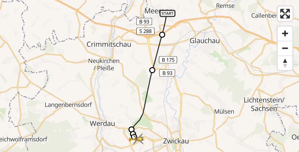 Flugroute Rettungshubschrauber Meerane - ADAC Air Rescue Station Zwickau Hubschrauberlandeplatz, 09 Juni 2026, 06:47