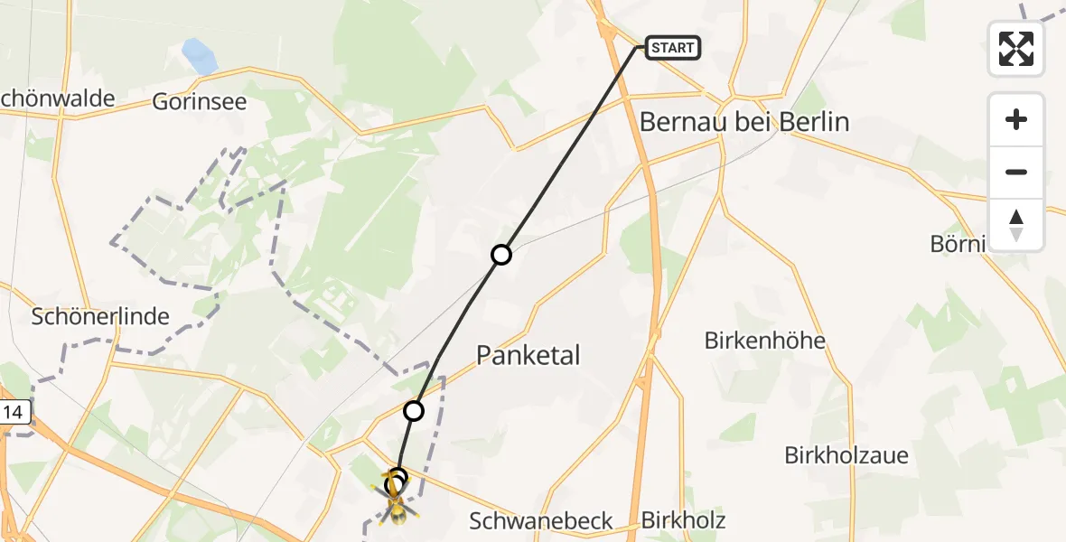 Flugroute Rettungshubschrauber Bernau bei Berlin - Helios Clinic Berlin-Buch, 09 Juni 2026, 06:59