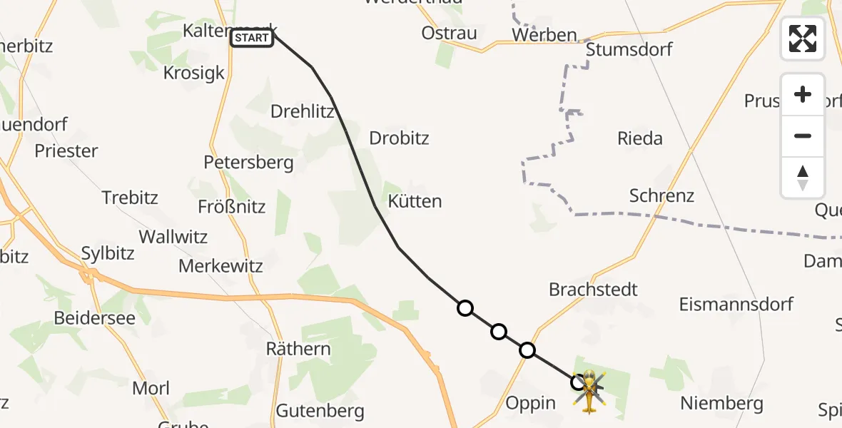 Flugroute Rettungshubschrauber Petersberg - Halle-Oppin Flugplatz, 09 Juni 2026, 07:05