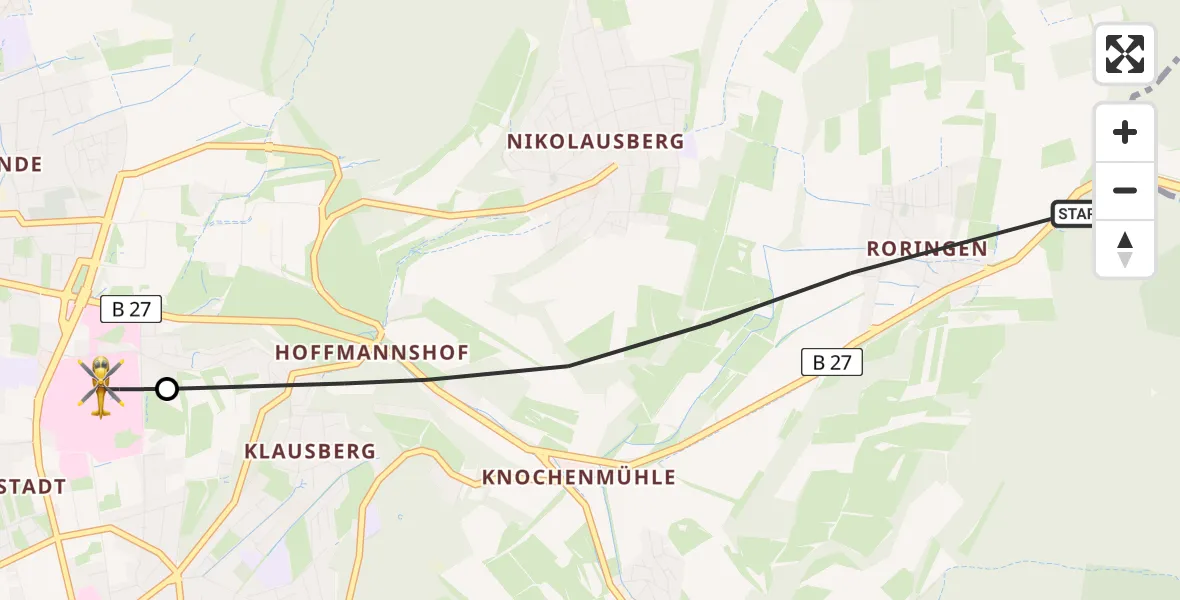 Flugroute Rettungshubschrauber Göttingen - Göttingen University Clinic Hubschrauberlandeplatz, 09 Juni 2026, 07:05