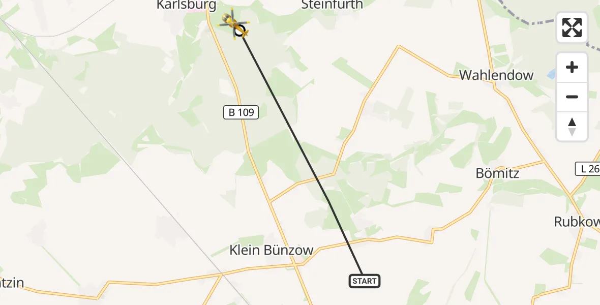 Flugroute Rettungshubschrauber Klein Bünzow - Karlsburg, 09 Juni 2026, 07:06