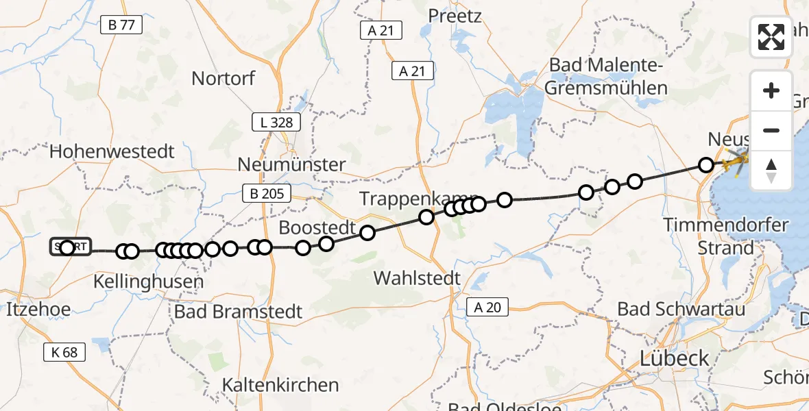 Flugroute Rettungshubschrauber Itzehoe Hungriger Wolf Flugplatz - Neustadt in Holstein, 09 Juni 2026, 07:07