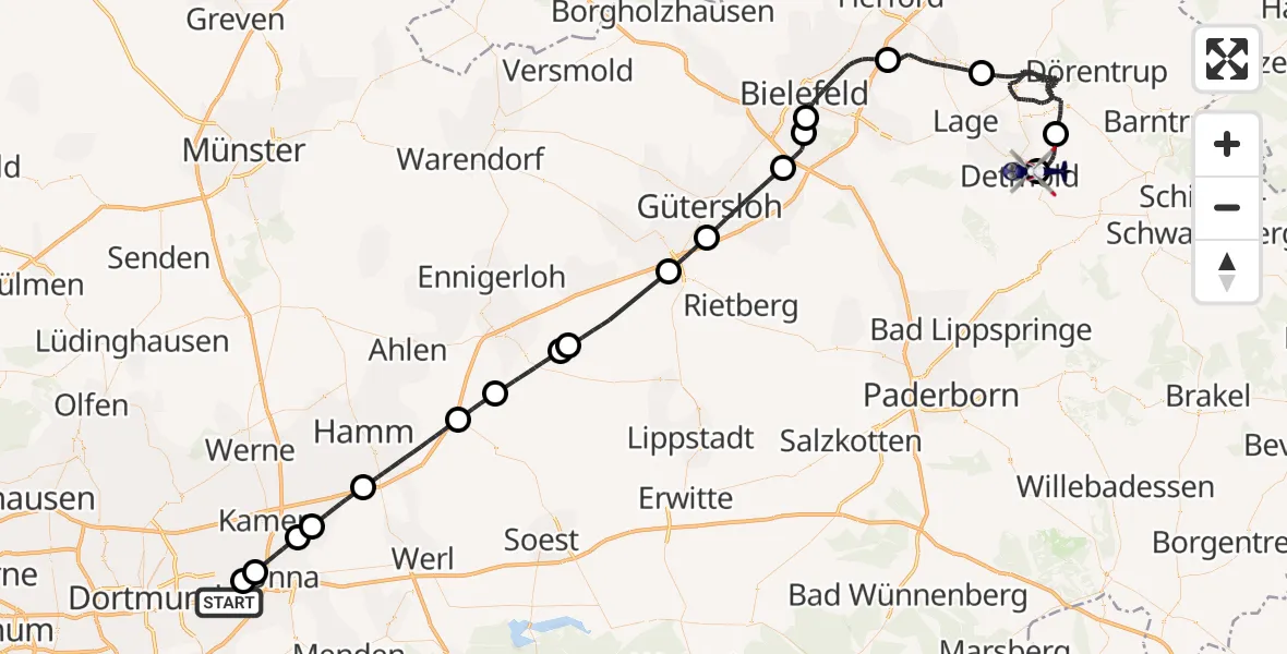 Flugroute Polizeihubschrauber Dortmund Flughafen - Detmold Flugplatz, 09 Juni 2026, 07:15