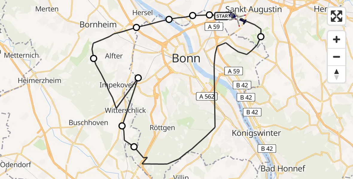 Flugroute Polizeihubschrauber Sankt Augustin - Bonn-Hangelar Flugplatz, 09 Juni 2026, 07:17