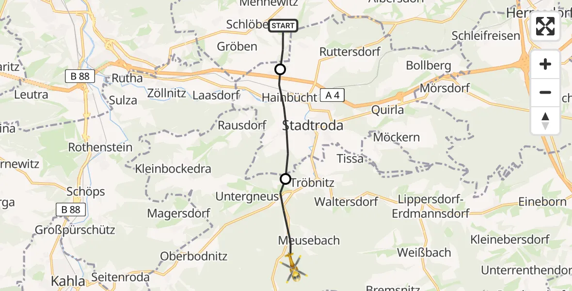 Flugroute Rettungshubschrauber Schlöben - Geisenhain, 09 Juni 2026, 07:20