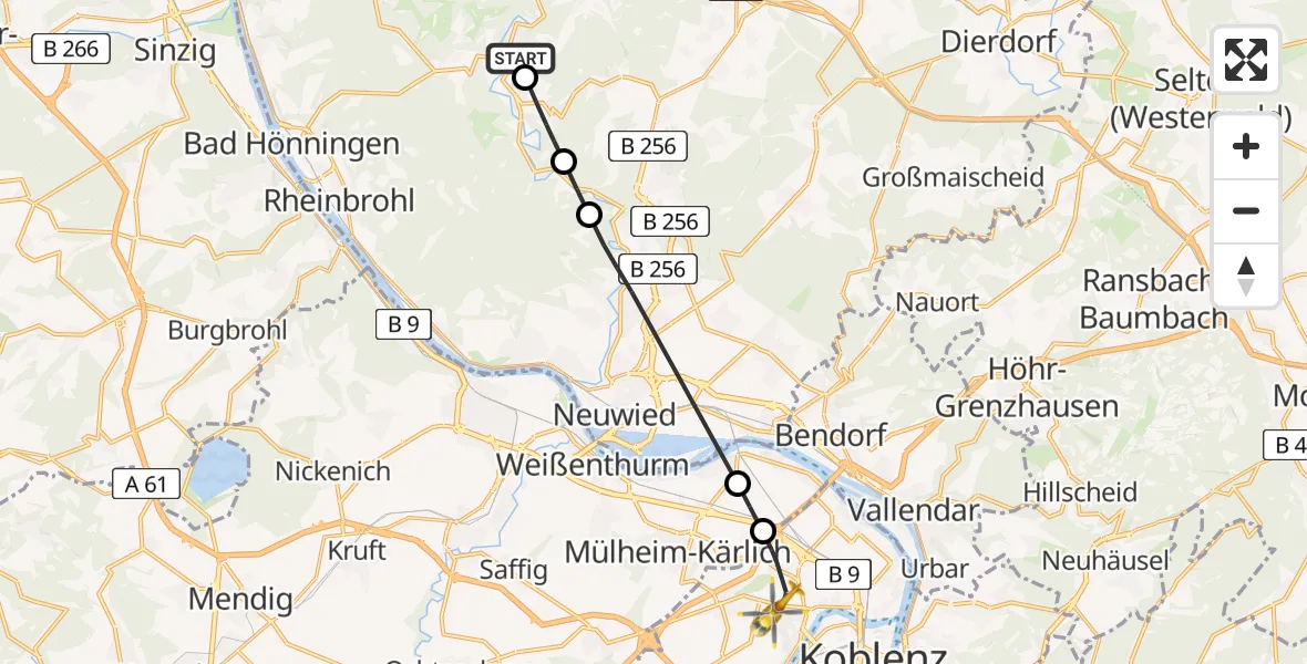 Flugroute Rettungshubschrauber Waldbreitbach - Koblenz, 09 Juni 2026, 07:26
