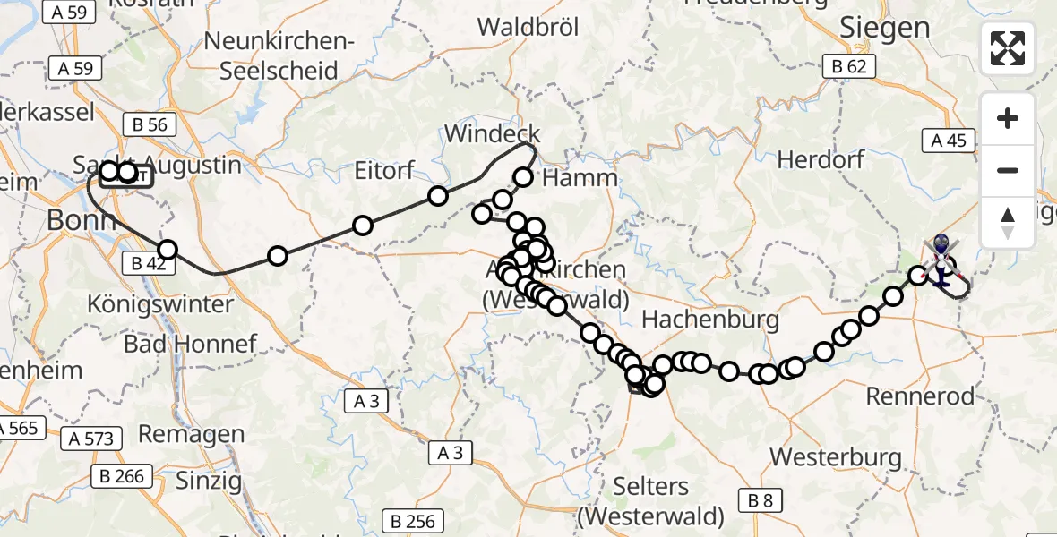 Flugroute Polizeihubschrauber Sankt Augustin - Siegerland Flughafen, 09 Juni 2026, 07:26