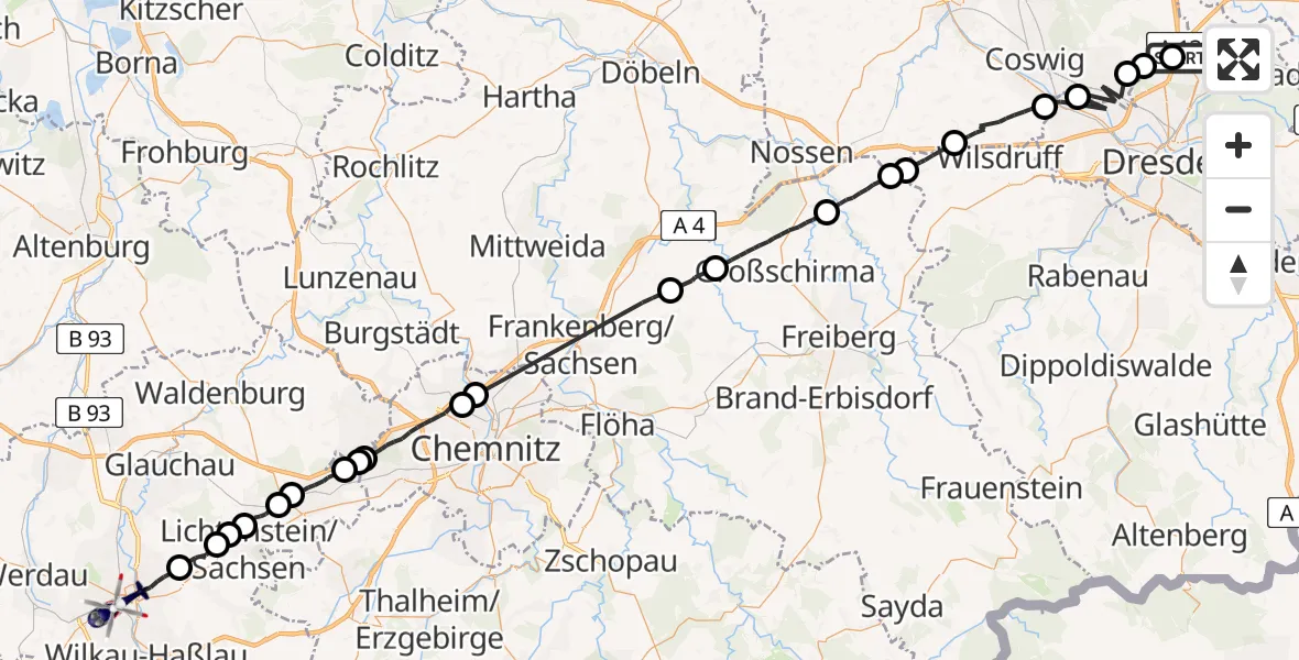 Flugroute Polizeihubschrauber Dresden Flughafen - Zwickau, 09 Juni 2026, 07:31