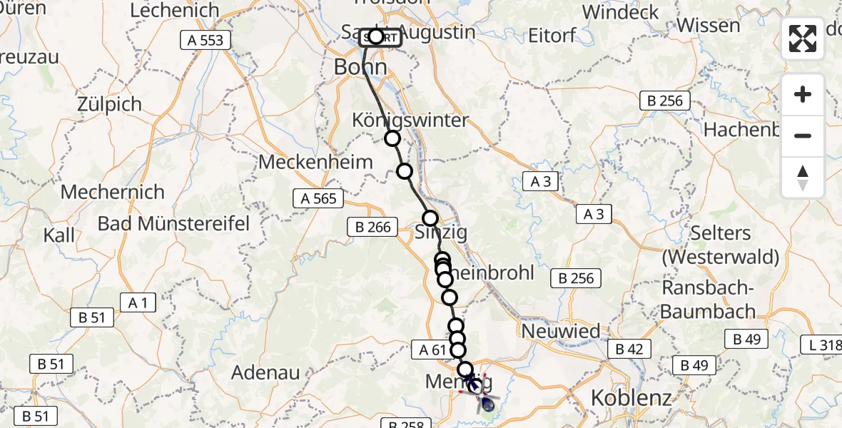 Flugroute Polizeihubschrauber Sankt Augustin - Thür, 09 Juni 2026, 07:34
