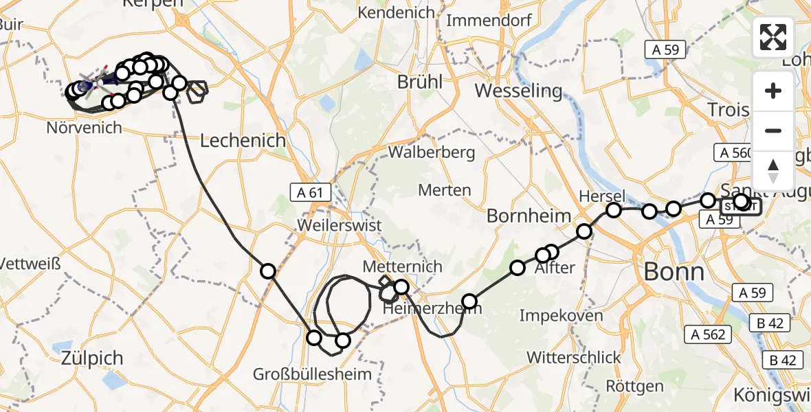 Flugroute Polizeihubschrauber Sankt Augustin - Militärflugplatz Nörvenich, 09 Juni 2026, 07:35