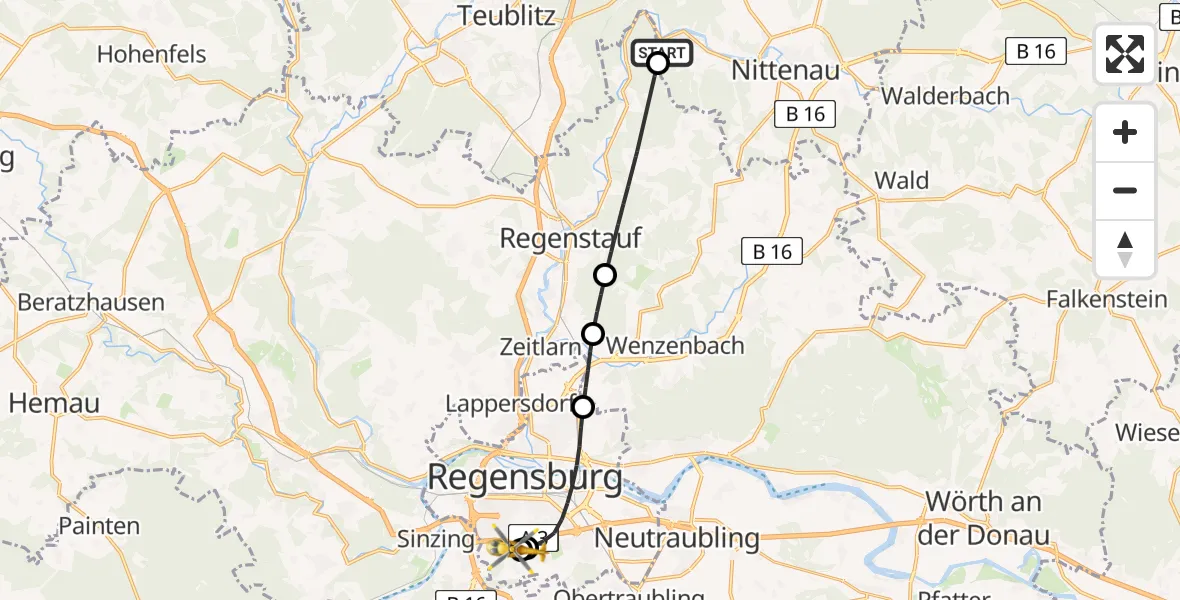 Flugroute Ambulanzhubschrauber Nittenau - DRF Air Rescue Station Regensburg / Regensburg University Hospital, 09 Juni 2026, 07:43