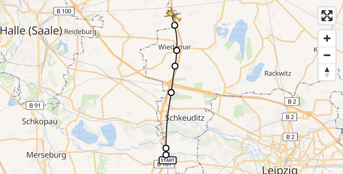 Flugroute Rettungshubschrauber ADAC Air Rescue Station Leipzig/Schkeuditz-Dölzig Hubschrauberlandeplatz (Christoph 61) - Landsberg, 09 Juni 2026, 07:46