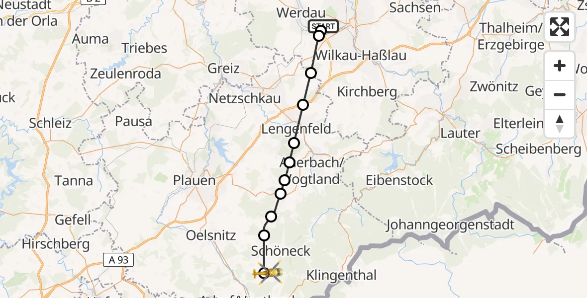 Flugroute Rettungshubschrauber ADAC Air Rescue Station Zwickau Hubschrauberlandeplatz - Mühlental, 09 Juni 2026, 08:06