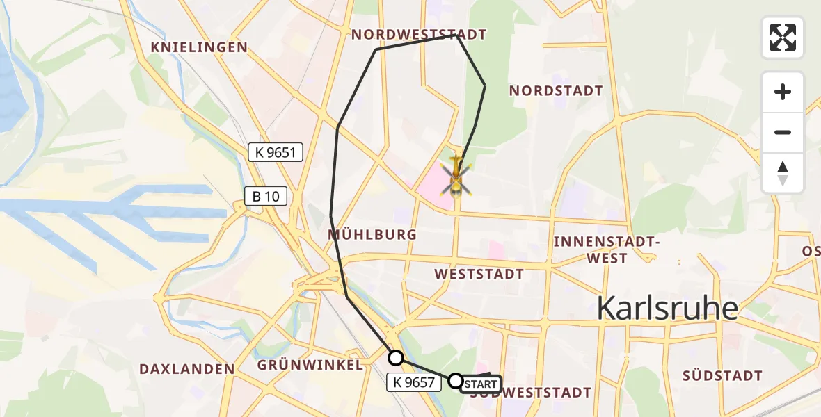 Flugroute Ambulanzhubschrauber Sankt Vincentius Hospital - Karlsruhe, 09 Juni 2026, 08:08