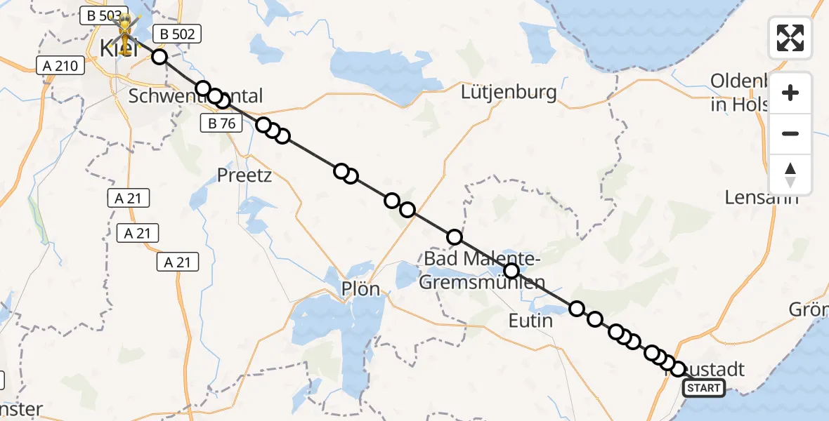 Flugroute Rettungshubschrauber Neustadt in Holstein - Kiel, 09 Juni 2026, 08:12