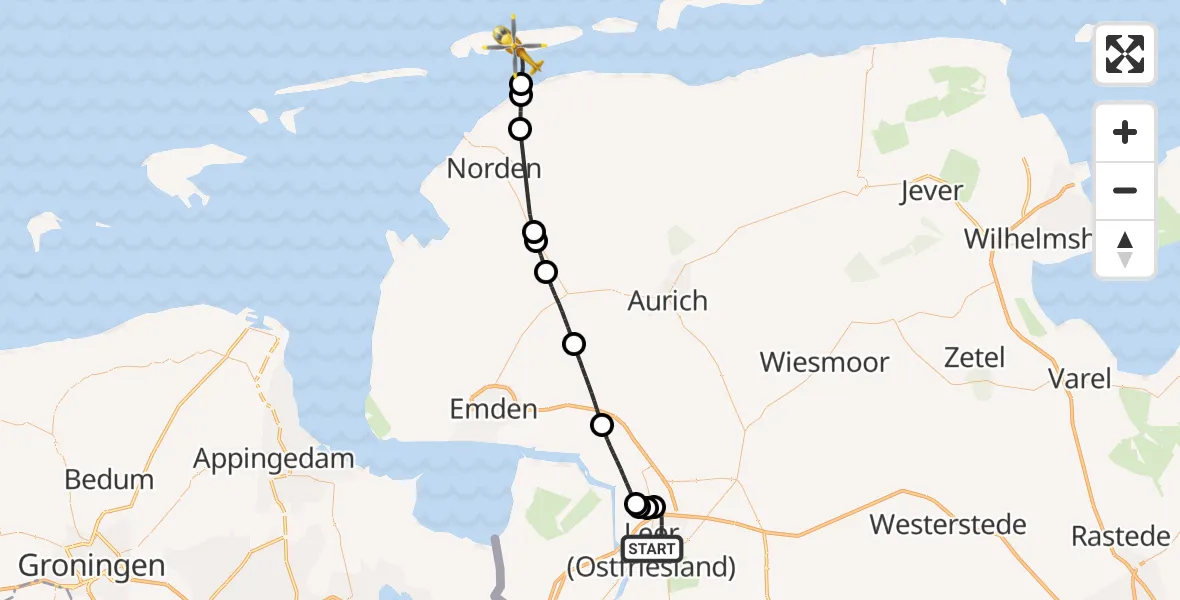 Flugroute Ambulanzhubschrauber Leer (Ostfriesland) - Noordzee, 09 Juni 2026, 08:14