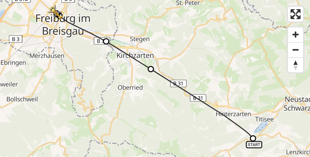 Flugroute Rettungshubschrauber Feldberg (Schwarzwald) - Freiburg University Hospital Heliport 1, 09 Juni 2026, 08:15