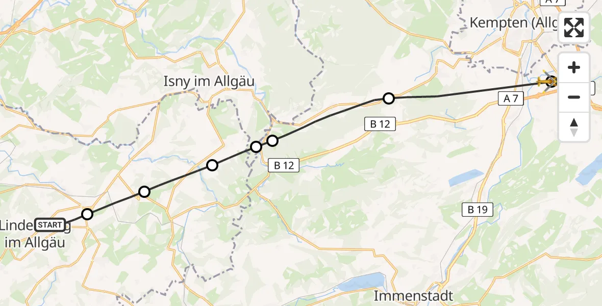 Flugroute Rettungshubschrauber Lindenberg i.Allgäu - Kempten-Durach Flugplatz, 09 Juni 2026, 08:20