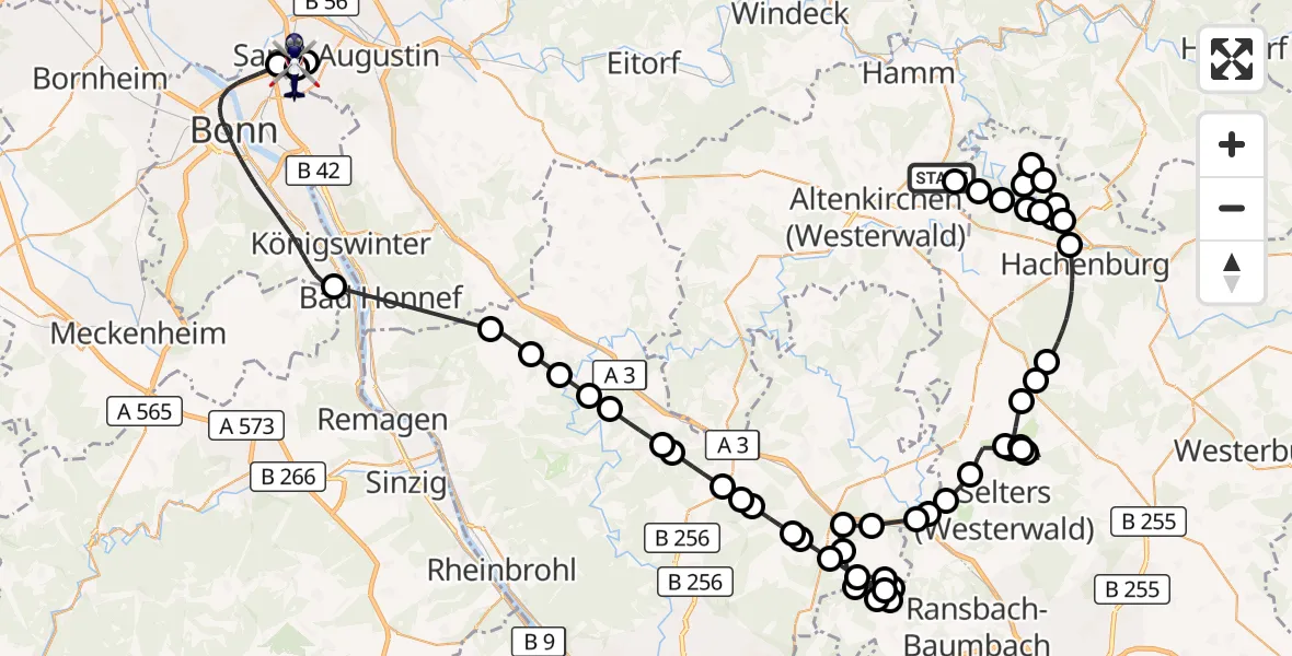 Flugroute Polizeihubschrauber Eichelhardt - Sankt Augustin, 09 Juni 2026, 08:23