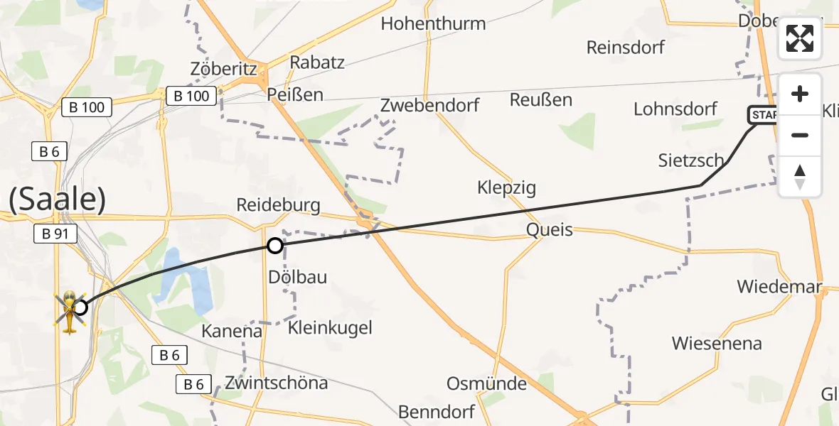 Flugroute Rettungshubschrauber Landsberg - BG Hospital Bergmannstrost Halle, 09 Juni 2026, 08:25