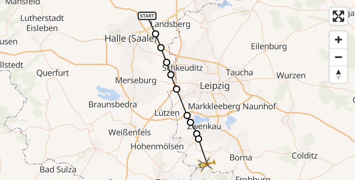 Flugroute Rettungshubschrauber Halle-Oppin Flugplatz - Groitzsch, 09 Juni 2026, 08:26