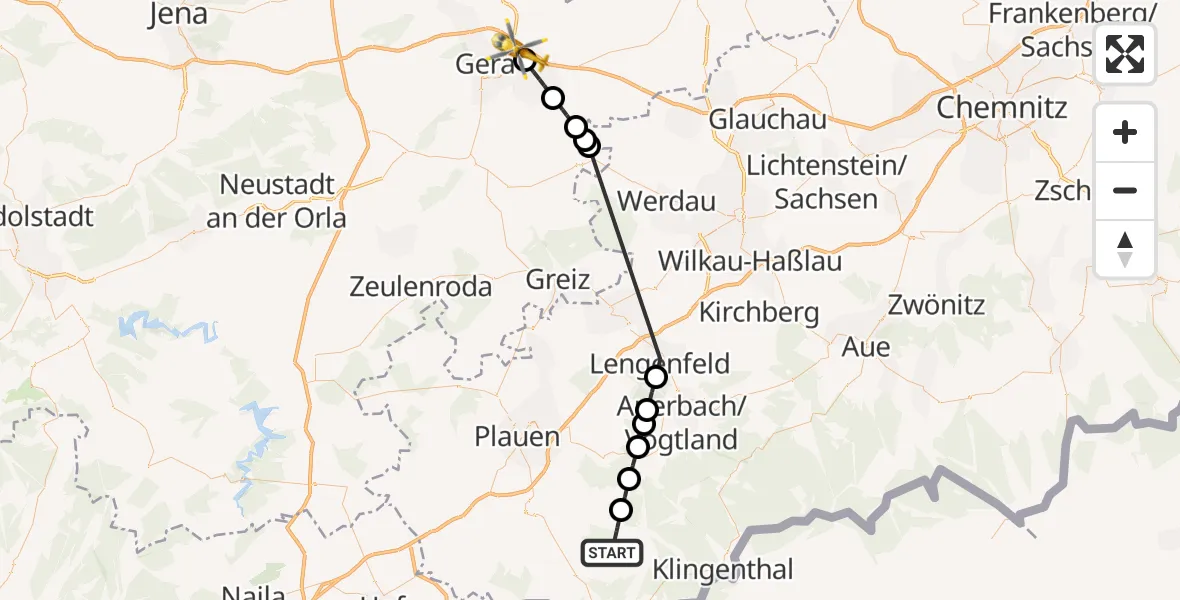Flugroute Rettungshubschrauber Schöneck/Vogtl. - Gera, 09 Juni 2026, 08:41