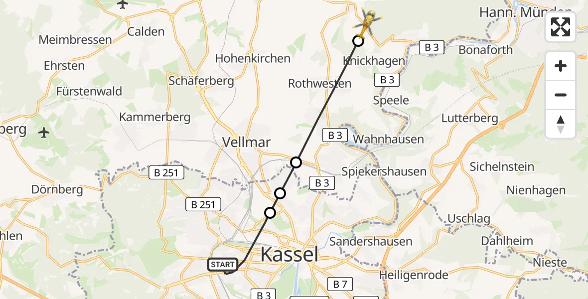 Flugroute Rettungshubschrauber Kassel - Immenhausen, 09 Juni 2026, 08:42