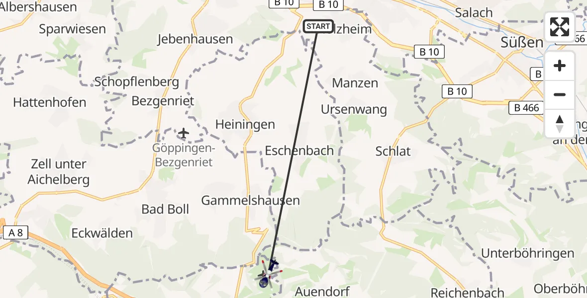 Flugroute Polizeihubschrauber Göppingen - Gruibingen-Nortel Flugplatz, 09 Juni 2026, 08:47