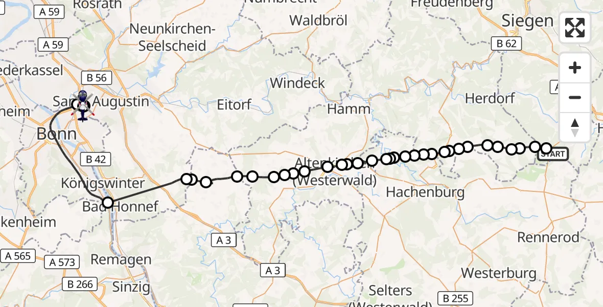 Flugroute Polizeihubschrauber Siegerland Flughafen - Sankt Augustin, 09 Juni 2026, 08:54