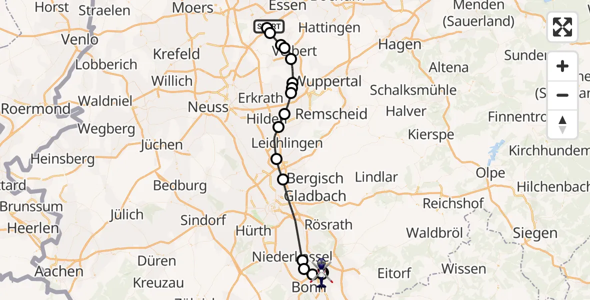 Flugroute Polizeihubschrauber Essen-Mülheim Flughafen - Sankt Augustin, 09 Juni 2026, 08:55