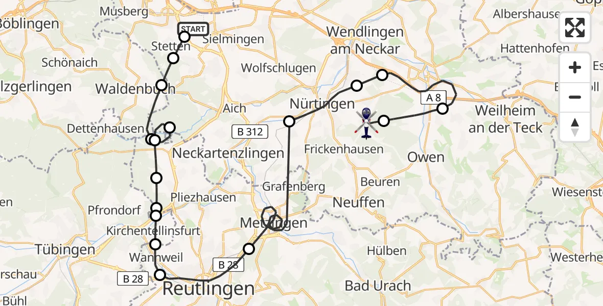 Flugroute Polizeihubschrauber Flughafen Stuttgart - Nürtingen, 09 Juni 2026, 08:59