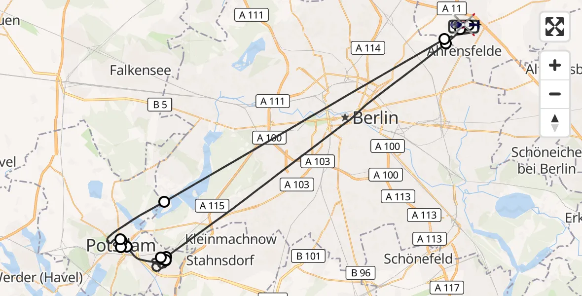 Flugroute Polizeihubschrauber Ahrensfelde Hubschrauberlandeplatz - Ahrensfelde Hubschrauberlandeplatz, 09 Juni 2026, 09:06