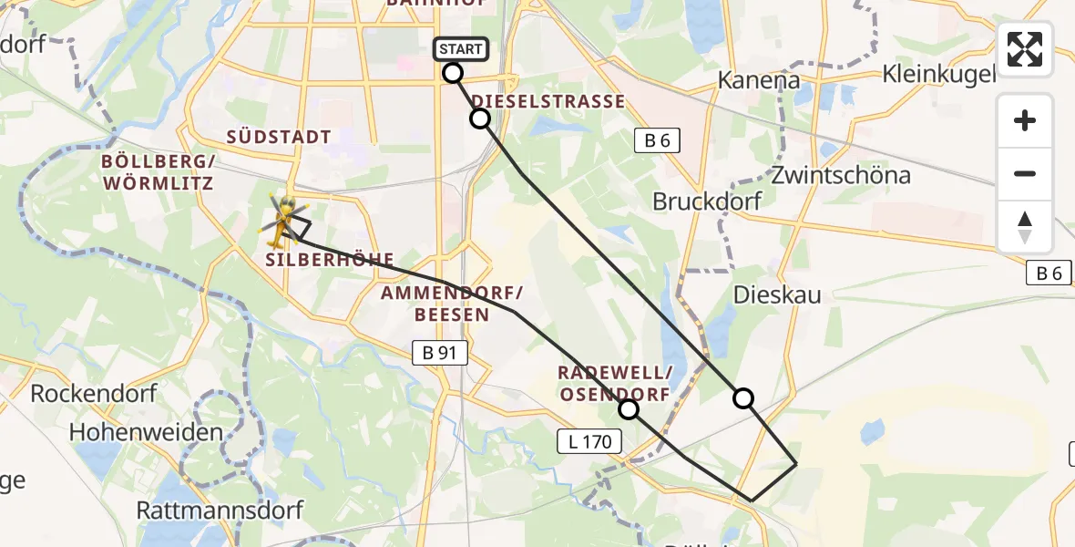Flugroute Rettungshubschrauber BG Hospital Bergmannstrost Halle - Halle (Saale), 09 Juni 2026, 09:11