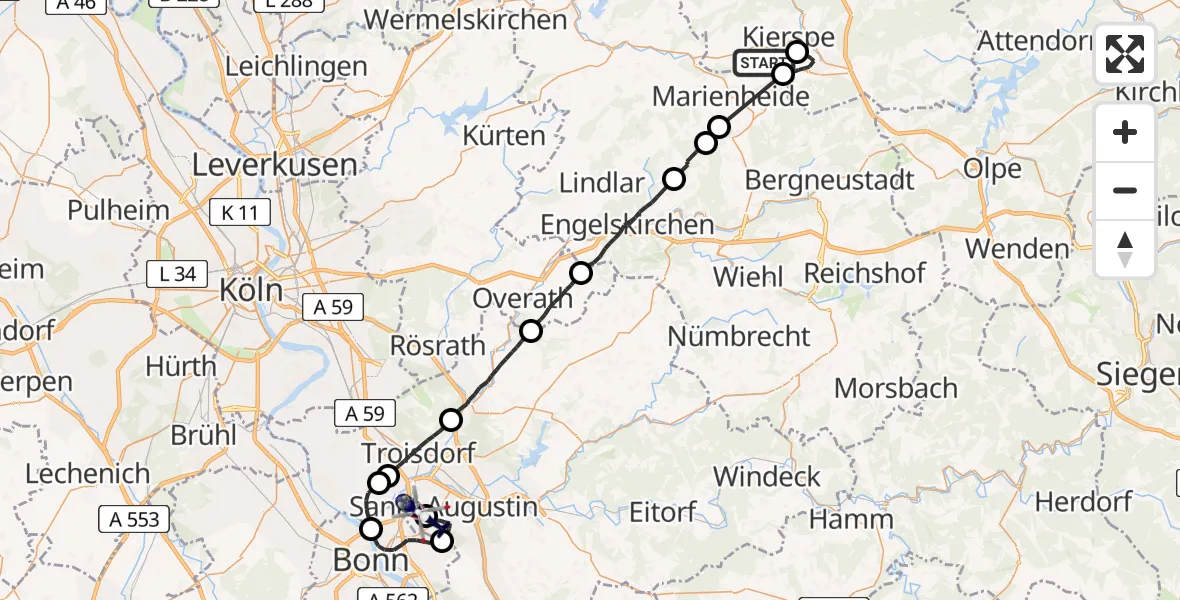 Flugroute Polizeihubschrauber Kierspe - Bonn-Hangelar Flugplatz, 09 Juni 2026, 09:13