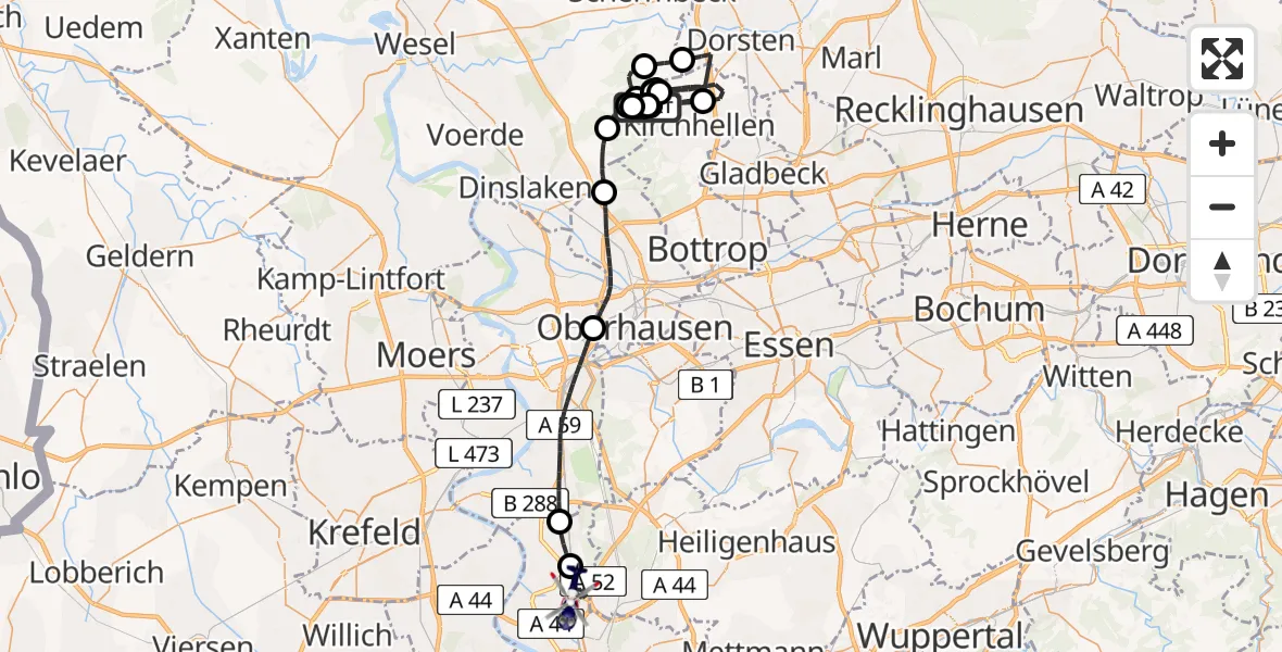 Flugroute Polizeihubschrauber Dinslaken-Schwarze Heide Flugplatz - Düsseldorf Flughafen, 09 Juni 2026, 09:13