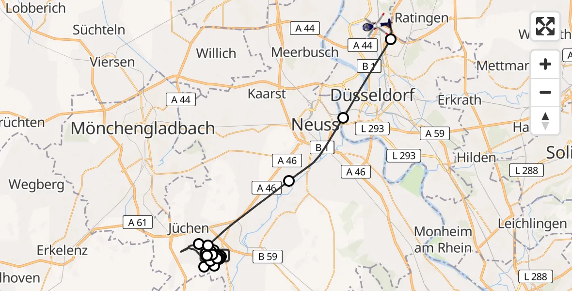 Flugroute Polizeihubschrauber Gustorfer Höhe Flugplatz - Düsseldorf Flughafen, 09 Juni 2026, 09:14