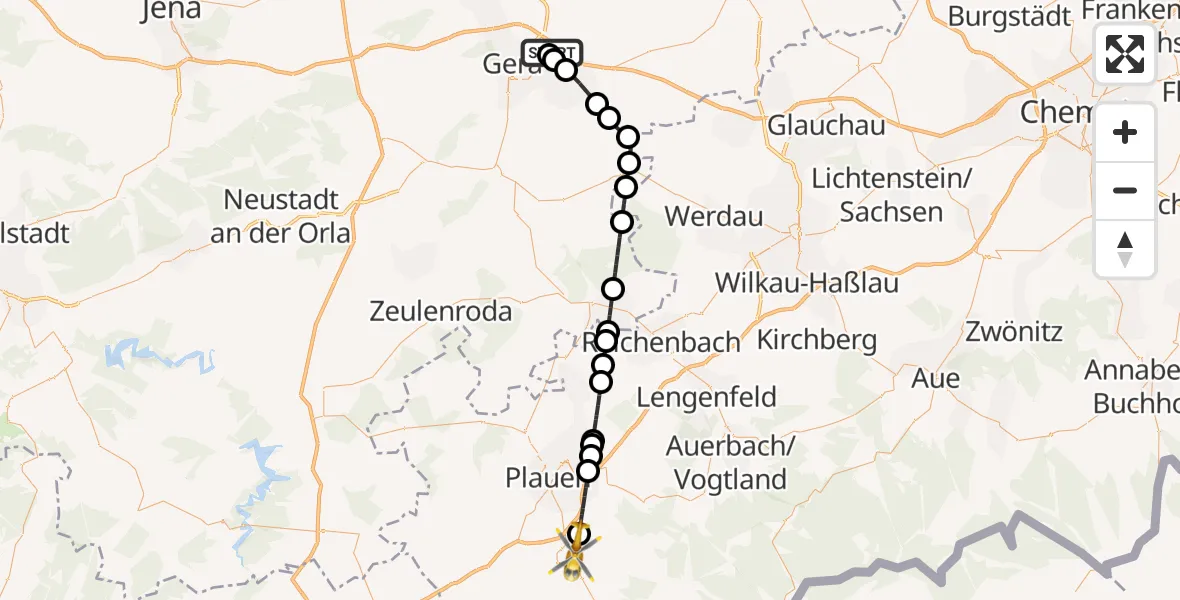 Flugroute Rettungshubschrauber Gera - Oelsnitz/Vogtl., 09 Juni 2026, 09:20