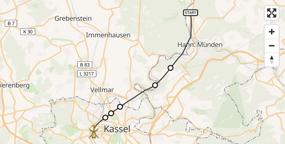 Flugroute Rettungshubschrauber Hann.Münden - Kassel, 09 Juni 2026, 09:21