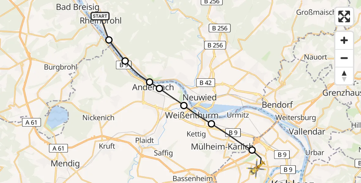 Flugroute Rettungshubschrauber Rheinbrohl - Koblenz, 09 Juni 2026, 09:22