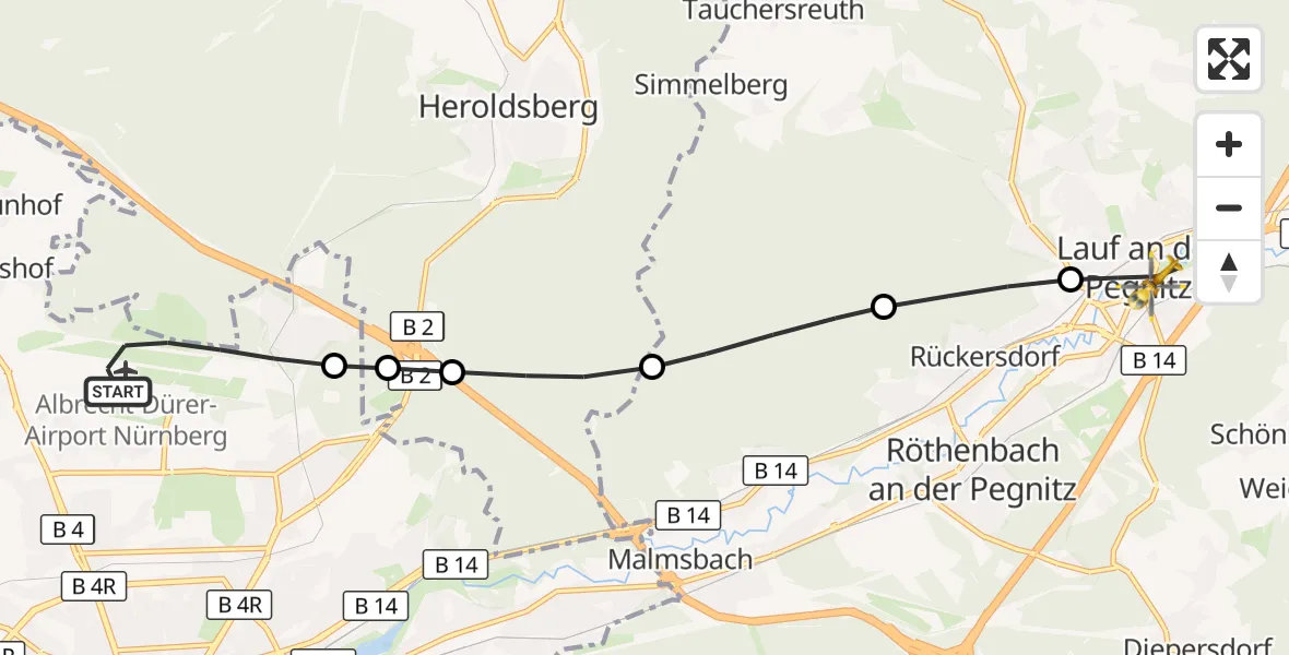 Flugroute Ambulanzhubschrauber Flughafen Nuremberg - Lauf a.d.Pegnitz, 09 Juni 2026, 09:26