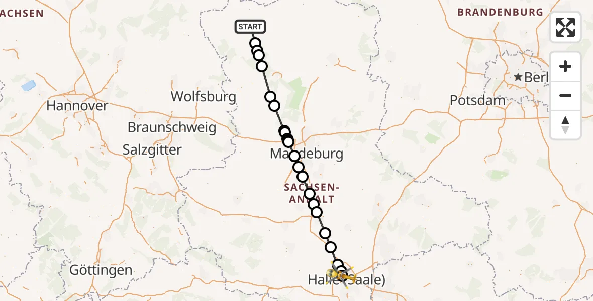 Flugroute Rettungshubschrauber Apenburg-Winterfeld - Halle (Saale) University Hospital, 09 Juni 2026, 09:26