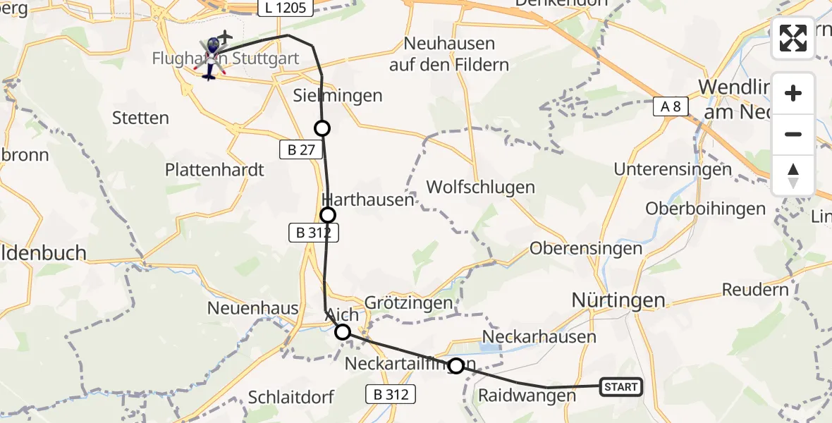 Flugroute Polizeihubschrauber Nürtingen - Flughafen Stuttgart, 09 Juni 2026, 09:30