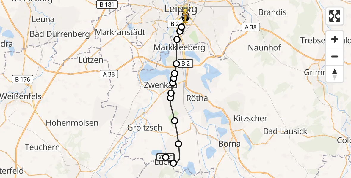 Flugroute Rettungshubschrauber Groitzsch - Leipzig University Hospital Heliport 1, 09 Juni 2026, 09:32