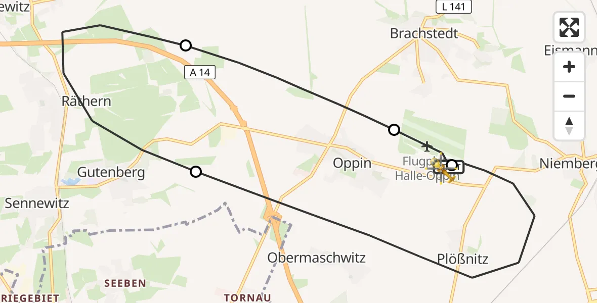 Flugroute Rettungshubschrauber Halle-Oppin Flugplatz - Halle-Oppin Flugplatz, 09 Juni 2026, 09:44