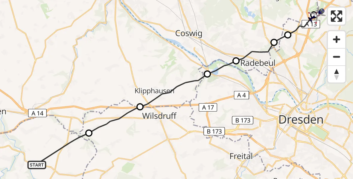 Flugroute Polizeihubschrauber Reinsberg - Dresden Flughafen, 09 Juni 2026, 09:45