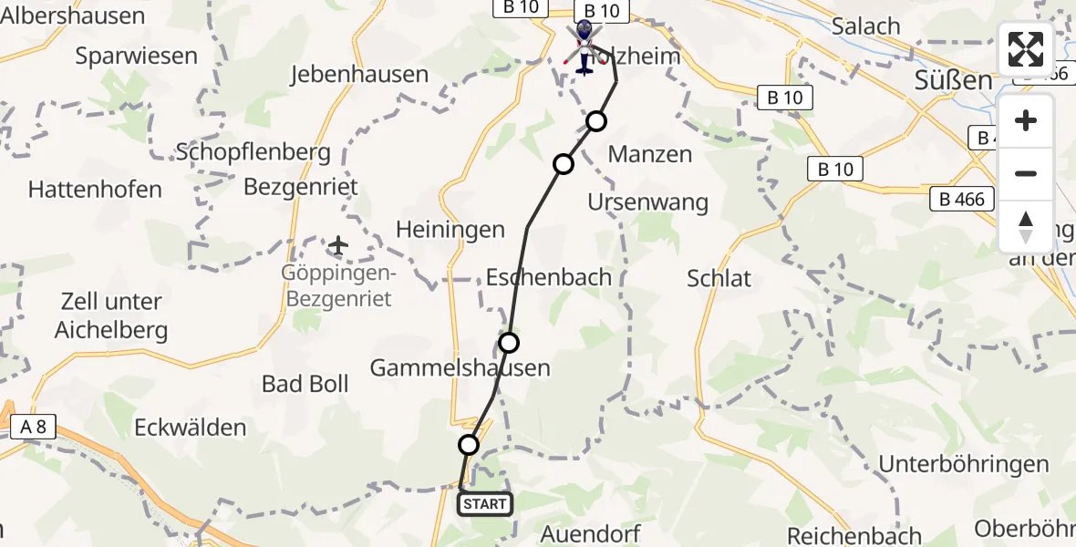 Flugroute Polizeihubschrauber Gruibingen-Nortel Flugplatz - Göppingen, 09 Juni 2026, 09:53