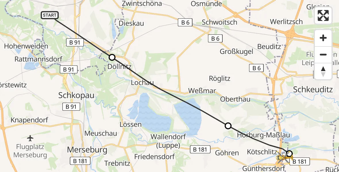 Flugroute Rettungshubschrauber Halle (Saale) - ADAC Air Rescue Station Leipzig/Schkeuditz-Dölzig Hubschrauberlandeplatz (Christoph 61), 09 Juni 2026, 09:54