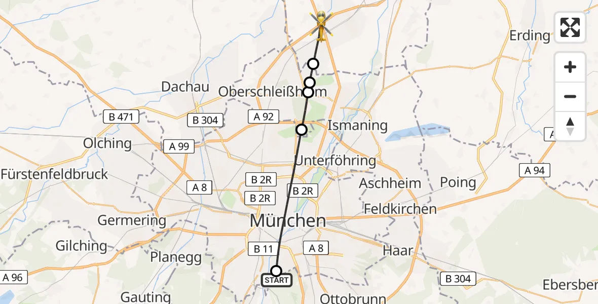 Flugroute Rettungshubschrauber ADAC Air Rescue Center Hubschrauberlandeplatz (Christoph 1) - Eching, 09 Juni 2026, 09:58
